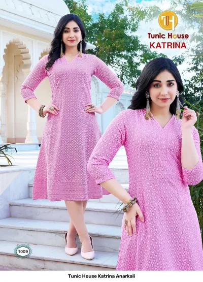 Tunic House Katrina Anarkali: Pink Anarkali kurti with intricate tonal thread work, featuring a v-neck and three-quarter sleeves.
