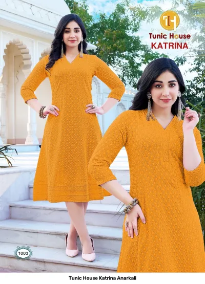 Tunic House Katrina Anarkali: Mustard yellow Anarkali kurti with tonal thread work embroidery throughout.