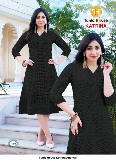 Tunic House Katrina Anarkali: Black Anarkali kurti featuring all-over tonal thread work embroidery and v-neckline.