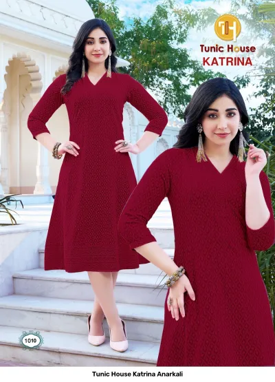 Tunic House Katrina Anarkali: Maroon Anarkali kurti with all-over intricate tonal thread work embroidery.