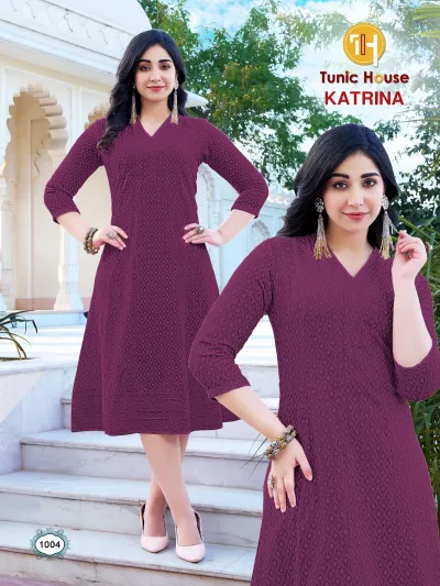 Tunic House Katrina Anarkali: Dark purple Anarkali kurti with tonal thread work embroidery, styled with v-neck and three-quarter sleeves.