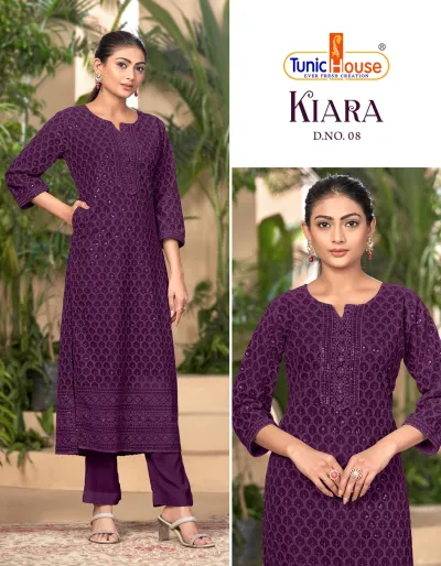 Tunic House Kiara D.NO. 08 purple straight cut kurti with leaf pattern, sequins, and thread embroidery, paired with matching pants.