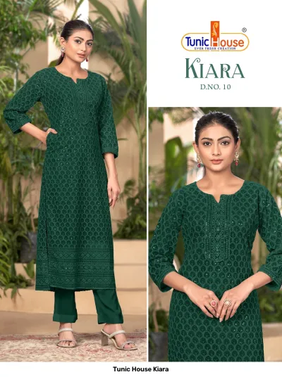 Tunic House Kiara D.NO. 10 green straight cut kurti with leaf pattern, sequins, and thread embroidery, paired with matching pants.