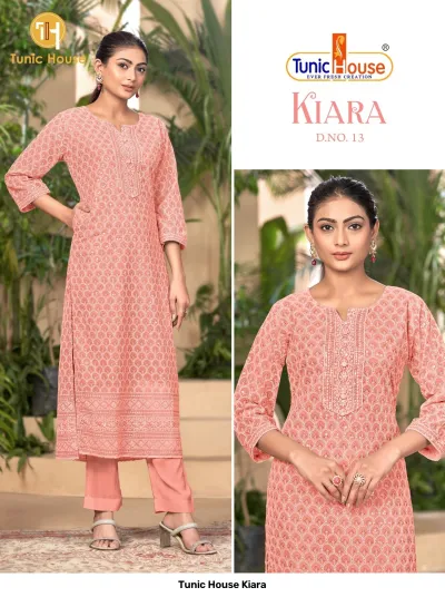 Tunic House Kiara D.NO. 13 peach straight cut kurti with leaf pattern, sequins, and thread embroidery, paired with matching pants.