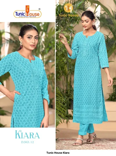 Tunic House Kiara D.NO. 12 turquoise straight cut kurti with leaf pattern, sequins, and thread embroidery, paired with matching pants.