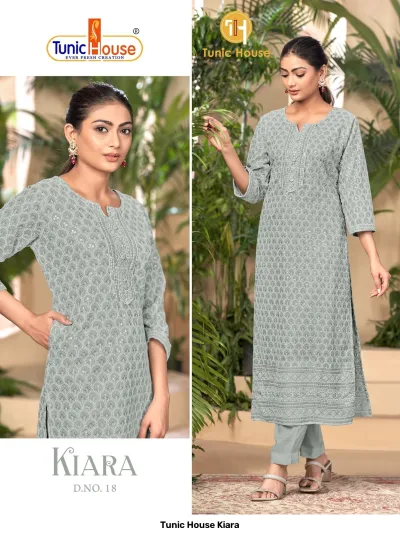 Tunic House Kiara D.NO. 18 grey straight cut kurti with leaf pattern, sequins, and thread embroidery, paired with matching pants.