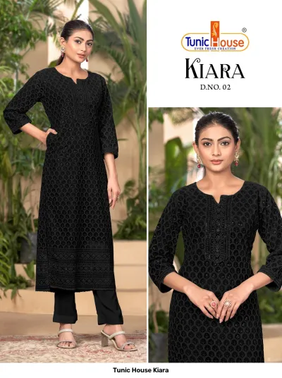 Tunic House Kiara D.NO. 02 black straight cut kurti with leaf pattern, sequins, and thread embroidery, paired with matching pants.
