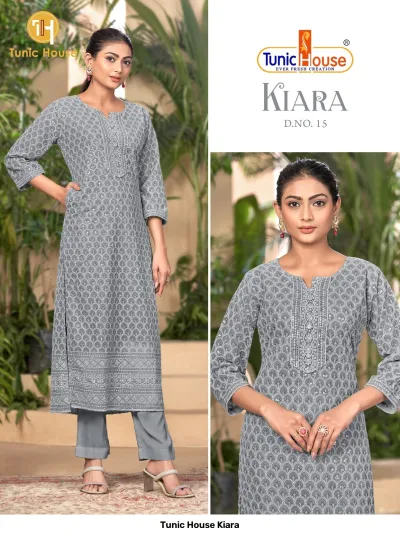 Tunic House Kiara D.NO. 15 light grey straight cut kurti with leaf pattern, sequins, and thread embroidery, paired with matching pants.
