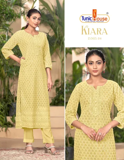 Tunic House Kiara D.NO. 04 yellow straight cut kurti with leaf pattern, sequins, and thread embroidery, paired with matching pants.