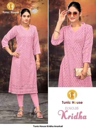 Tunic House Kridha Anarkali: Pink kurti featuring delicate thread work embroidery and sequin detailing, V-neck, three-quarter sleeves, paired with matching leggings.