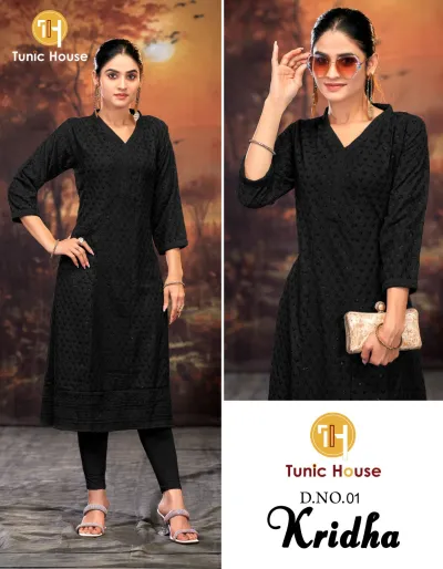 Tunic House Kridha Anarkali: Black kurti with all-over intricate thread work and sequin detailing, V-neck, styled with matching black leggings.