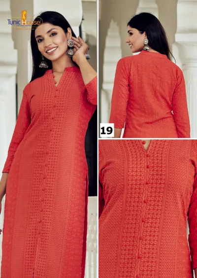 Tunic House Lucknowi Kurti: Red kurti with intricate tonal thread work, button-down front, and subtle textured embroidery, catalog display.