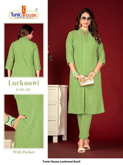 Tunic House Lucknowi Kurti: Lime green kurti with matching trousers, featuring tonal thread work, a pocket, and a button-down placket.