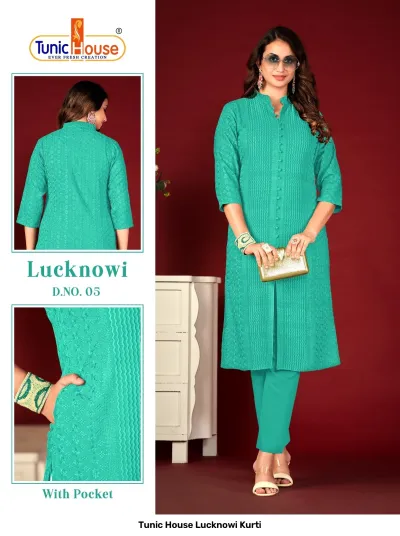 Tunic House Lucknowi Kurti: Teal kurti with matching trousers, featuring tonal thread work, a side pocket, and a button-down placket.