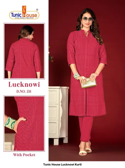 Tunic House Lucknowi Kurti: Magenta kurti with matching trousers, featuring tonal thread work, a side pocket, and a button-down placket.