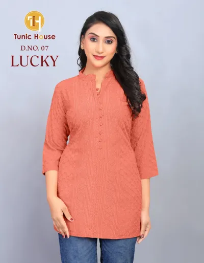 Tunic House Lucky Short Top: Peach short kurti with collar, button placket, and all-over tonal thread work embroidery.