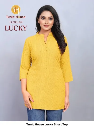 Tunic House Lucky Short Top: Yellow short kurti with collar, button placket, and all-over tonal thread work embroidery.