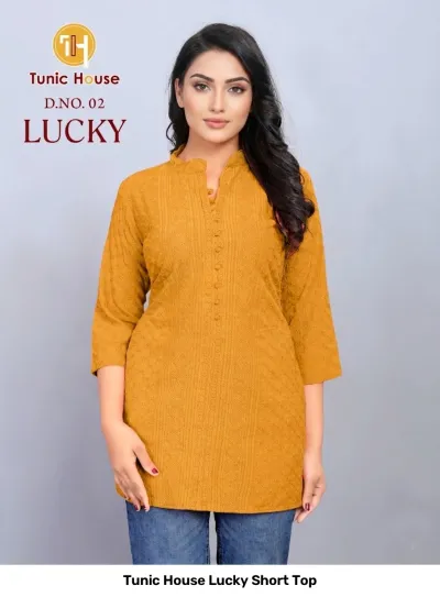 Tunic House Lucky Short Top: Mustard yellow short kurti with collar, button placket, and all-over tonal thread work embroidery.