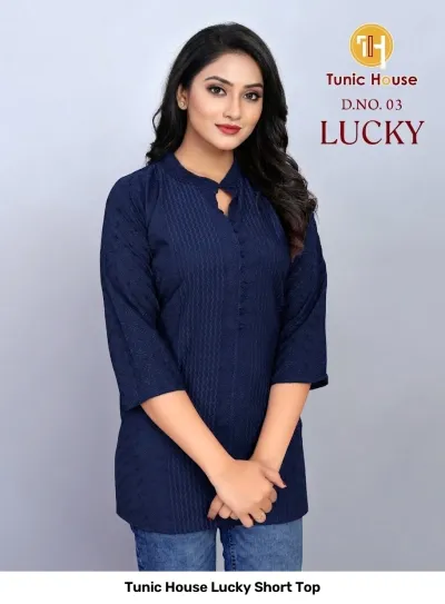 Tunic House Lucky Short Top: Navy blue short kurti with collar, button placket, and all-over tonal thread work embroidery.