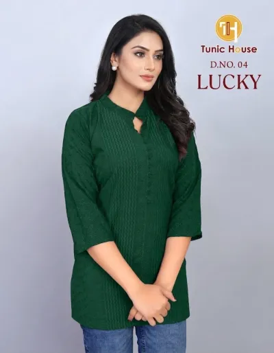 Tunic House Lucky Short Top: Dark green short kurti with collar, button placket, and all-over tonal thread work embroidery.