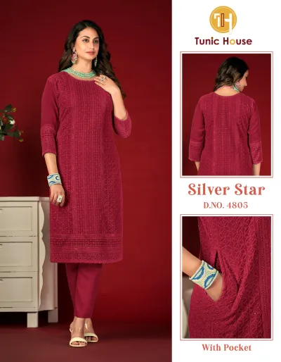 Tunic House Silver Star Vol 4805: Maroon straight-cut kurti with detailed tonal thread work embroidery and functional side pockets, paired with matching pants.