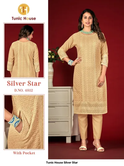 Tunic House Silver Star Vol 4812: Beige straight-cut kurti featuring intricate tonal thread embroidery throughout and side pocket detail, worn with matching trousers.
