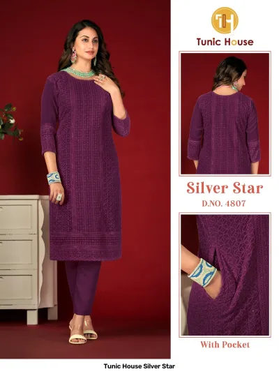Tunic House Silver Star Vol 4807: Deep purple straight-cut kurti with tonal thread work embroidery, long sleeves, and practical side pockets, paired with matching pants.