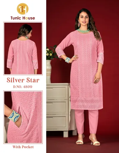 Tunic House Silver Star Vol 4809: Soft pink straight-cut kurti featuring tonal thread embroidery patterns and side pockets, styled with matching straight pants.
