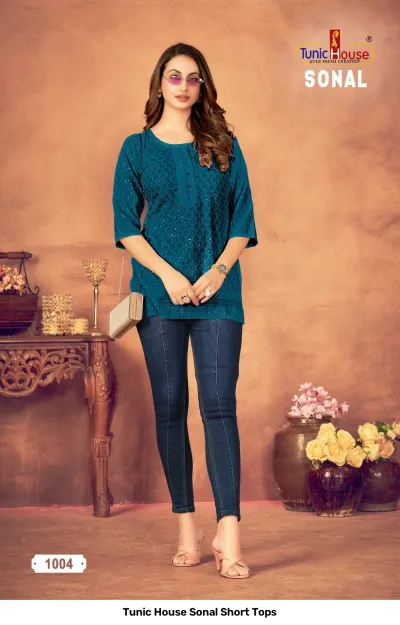 Tunic House Sonal Short Tops, teal kurti with thread work and button detail.