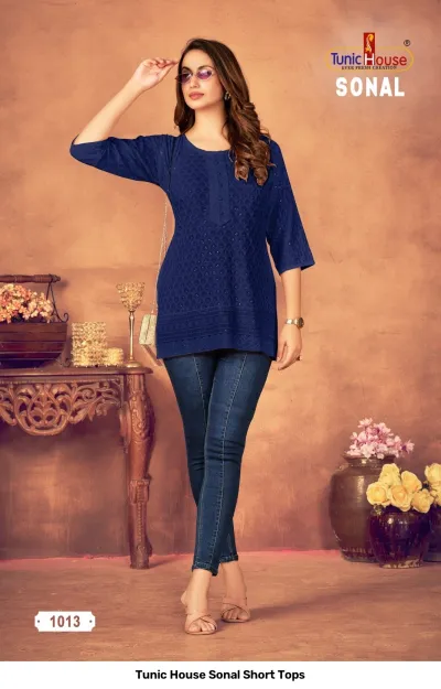 Tunic House Sonal Short Tops, dark blue kurti with thread work and button detail.