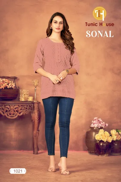 Tunic House Sonal Short Tops, dusty pink kurti with thread work and button detail.