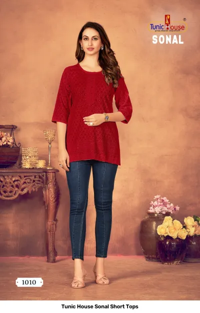 Tunic House Sonal Short Tops, dark red kurti with thread work and button detail.