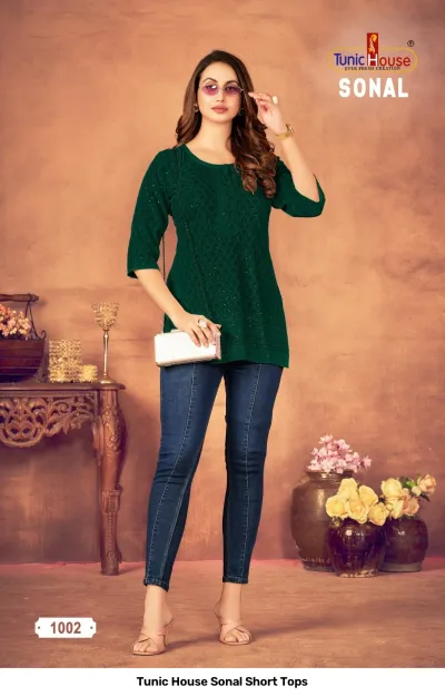 Tunic House Sonal Short Tops, dark green kurti with thread work and button detail.