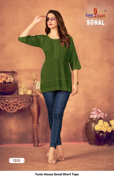 Tunic House Sonal Short Tops, olive green kurti with thread work and button detail.
