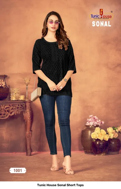 Tunic House Sonal Short Tops, black kurti with thread work and button detail.