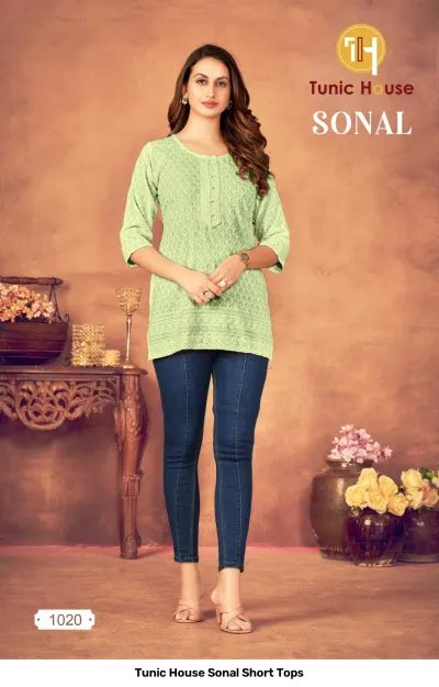 Tunic House Sonal Short Tops, light green kurti with thread work and button detail.