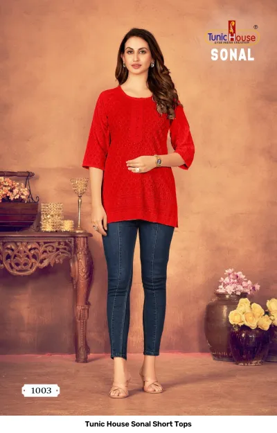Tunic House Sonal Short Tops, red kurti with thread work and button detail.