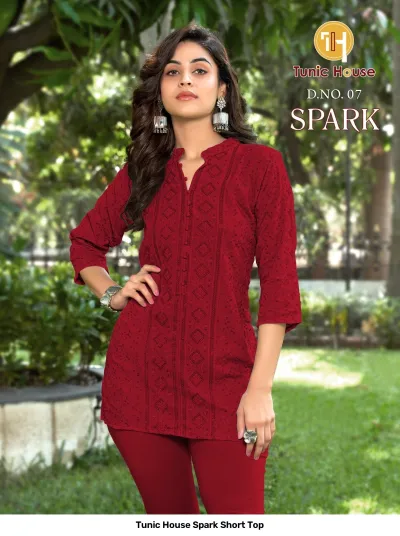 Tunic House Spark Short Top D.NO. 07: Red short kurti with all-over tonal thread embroidery and delicate sequin embellishments.