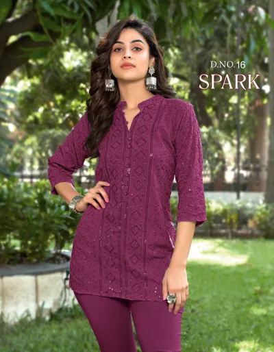 Tunic House Spark Short Top D.NO. 16: Purple short kurti showcasing tonal thread embroidery and subtle sequin detailing.
