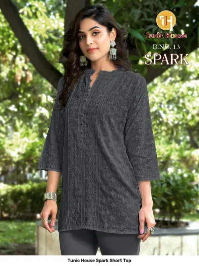 Tunic House Spark Short Top D.NO. 13: Dark grey short kurti showcasing all-over tonal thread embroidery and sequin work.