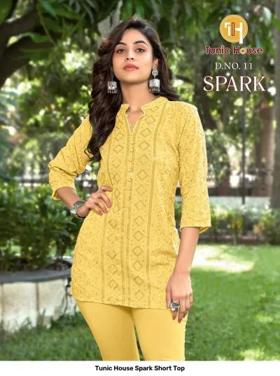 Tunic House Spark Short Top D.NO. 11: Yellow short kurti with matching tonal thread embroidery and scattered sequin embellishments.