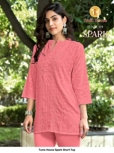 Tunic House Spark Short Top D.NO. 09: Pink short kurti detailed with tonal thread embroidery and subtle sequin work throughout.