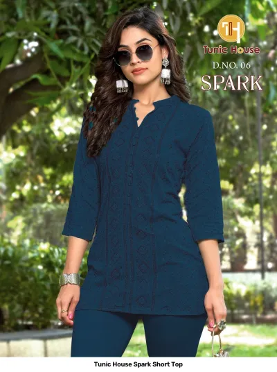 Tunic House Spark Short Top D.NO. 06: Dark blue short kurti featuring tonal thread embroidery and subtle sequin embellishments.