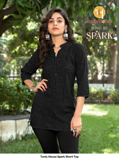 Tunic House Spark Short Top D.NO. 02: Black short kurti featuring intricate tonal thread embroidery and subtle sequin detailing.