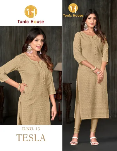 Tunic House Tesla Kurti, Image 13: Beige straight cut kurti with all-over self-colored thread work embroidery and button placket detail.