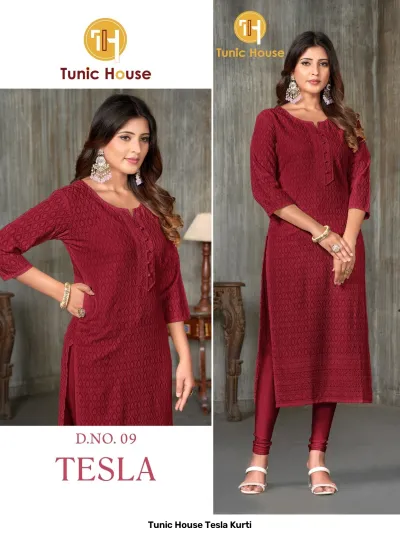 Tunic House Tesla Kurti, Image 9: Maroon straight cut kurti with all-over self-colored thread work embroidery and button placket detail.