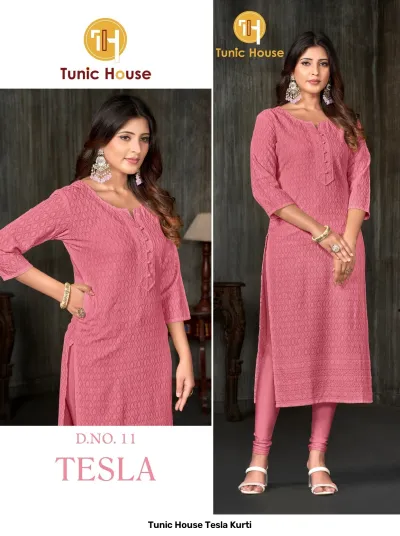 Tunic House Tesla Kurti, Image 11: Rose pink straight cut kurti with all-over self-colored thread work embroidery and button placket detail.