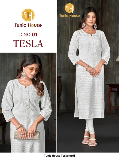 Tunic House Tesla Kurti, Image 1: White straight cut kurti with all-over self-colored thread work embroidery and button placket detail.