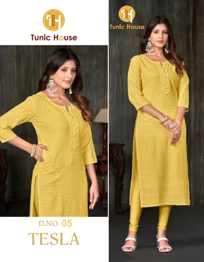 Tunic House Tesla Kurti, Image 5: Yellow straight cut kurti with all-over self-colored thread work embroidery and button placket detail.