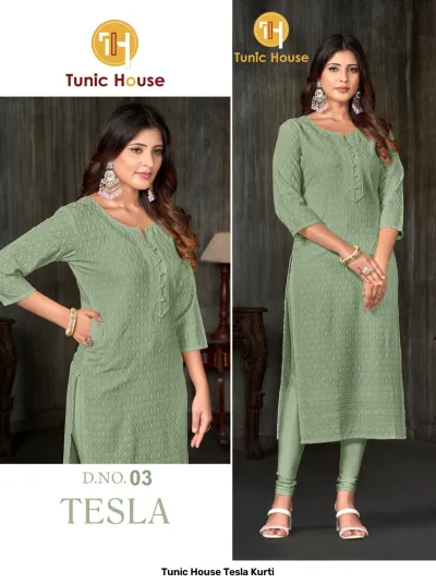 Tunic House Tesla Kurti, Image 3: Sage green straight cut kurti with all-over self-colored thread work embroidery and button placket detail.